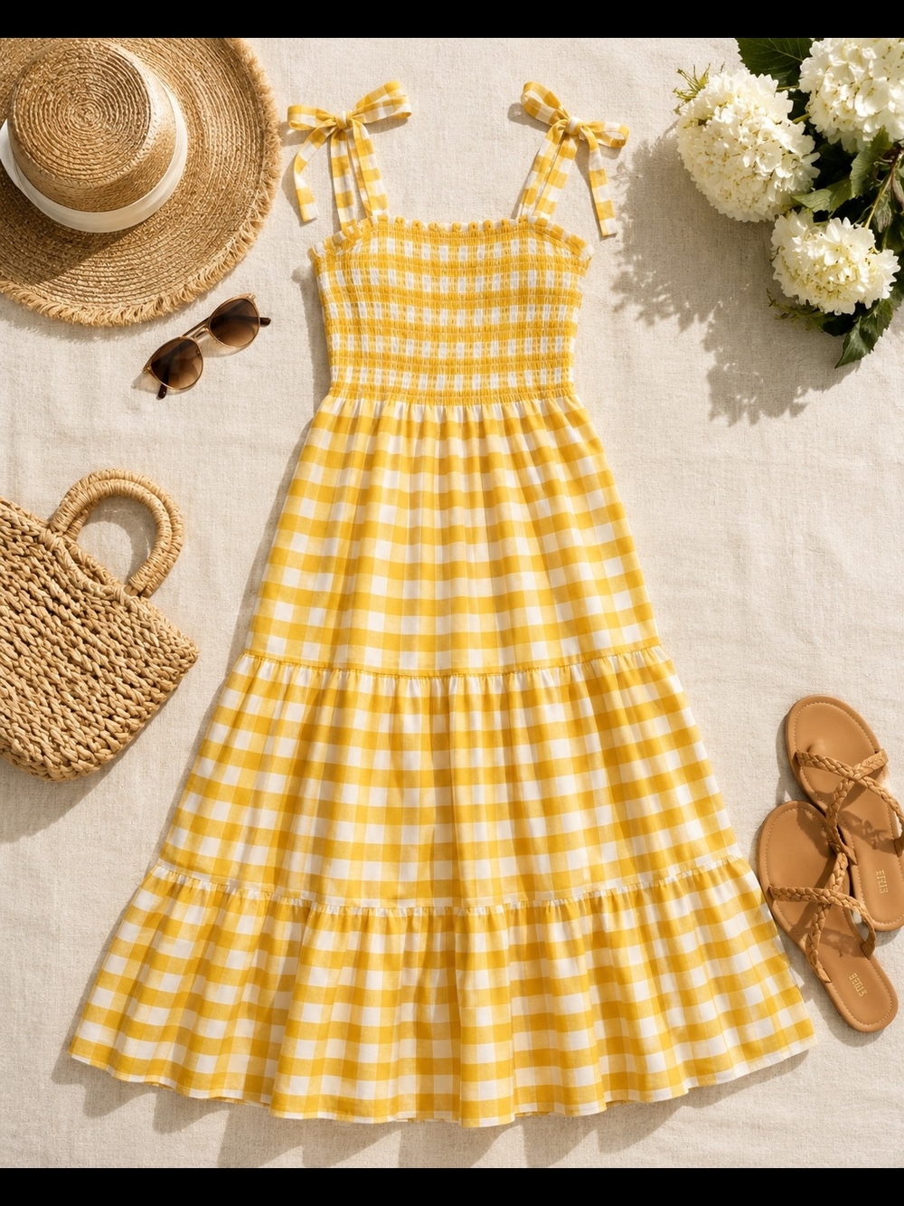 Yellow Gingham Tiered Midi Dress | Cottagecore Tie-Shoulder Sundress - Picture 2 of 5